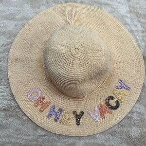 Straw Sun Hat - 'Oh Hey Vacay' Sequin Lettering - Natural